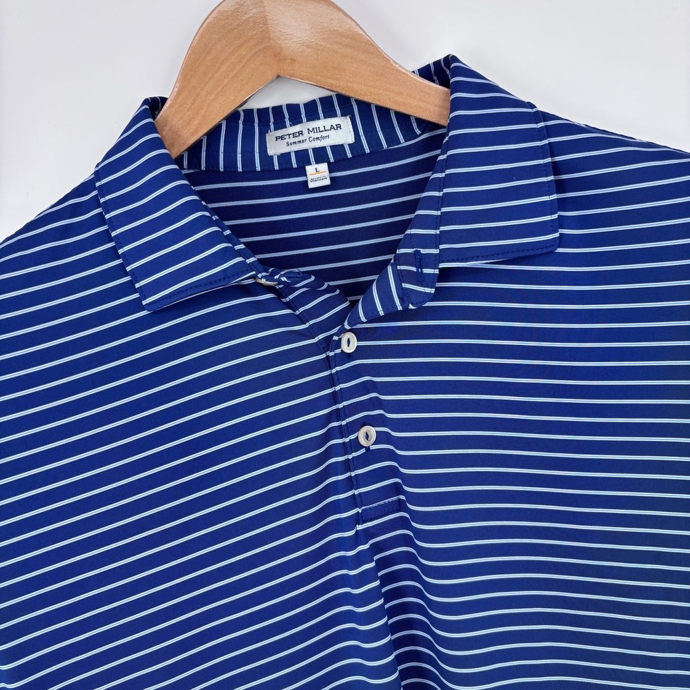 Peter Millar Summer Comfort Striped Polo Shirt Mens L Blue Golf Sleeve CC Logo